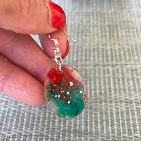 Handmade Festive Small Holiday Vibes Earrings Green and Red Oval - Picture 5 of 10